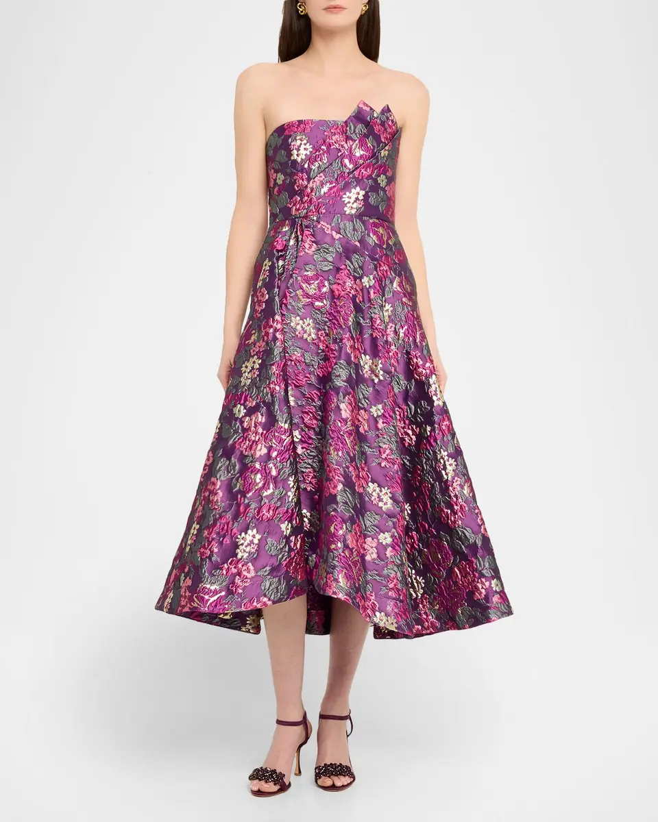 Theia Carolina Strapless Floral Jacquard Midi Dress | Thumbnail 2 Theia Carolina Strapless Floral Jacquard Midi Dress | Thumbnail 2
