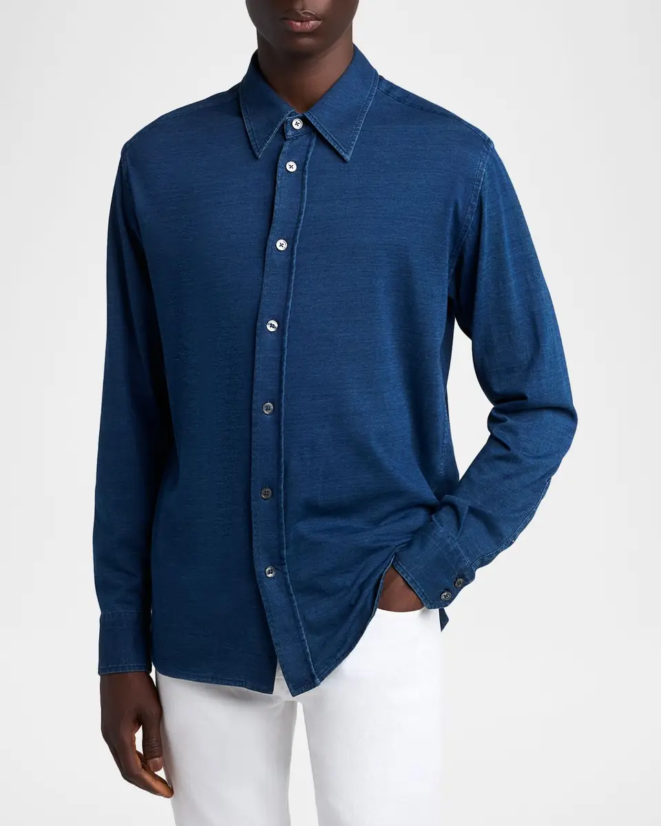 Tom Ford Men's Cotton Denim Point-Collar Button-Down Shirt | Thumbnail 4 Tom Ford Men's Cotton Denim Point-Collar Button-Down Shirt | Thumbnail 4