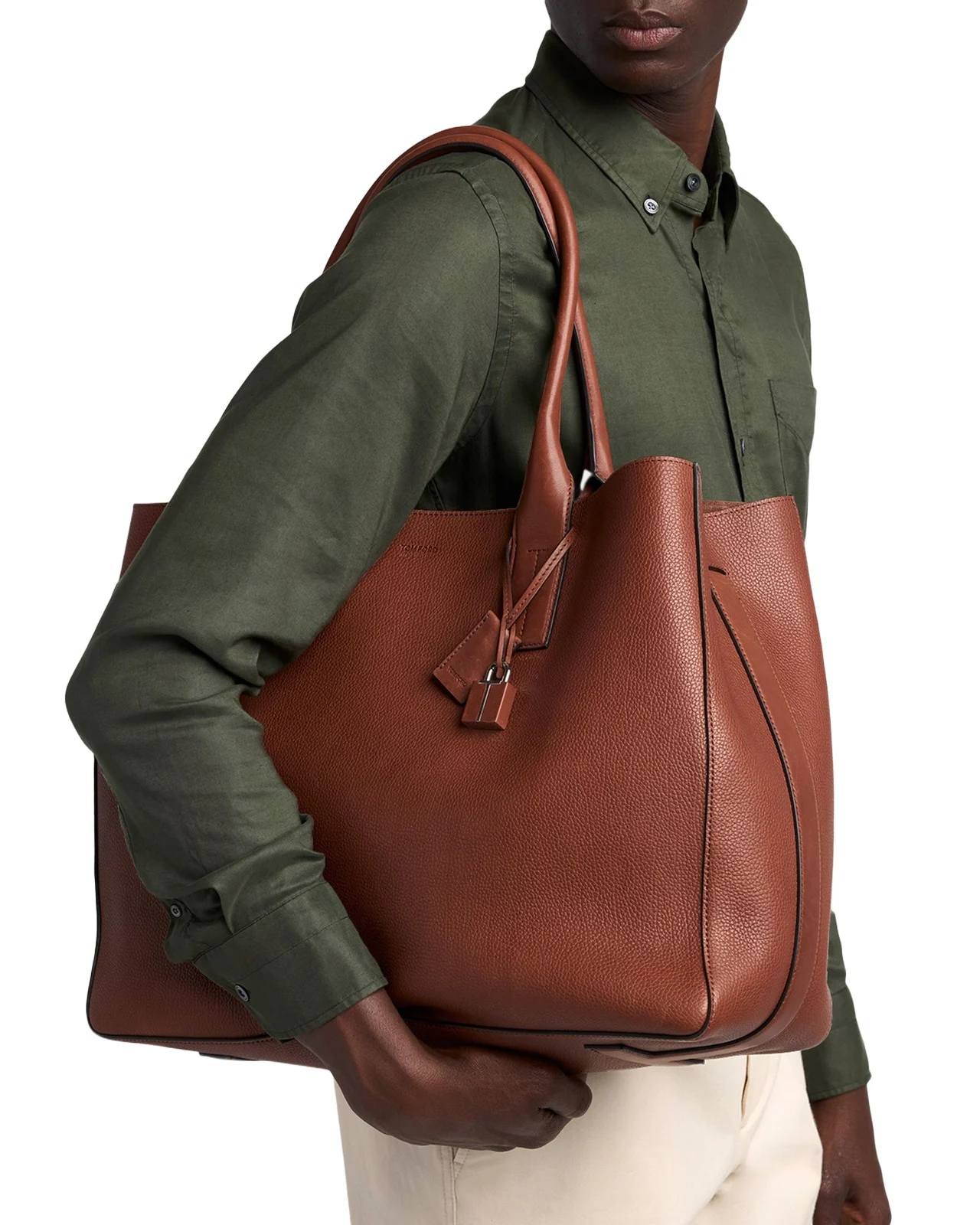 Men's T-Line Grained Leather East-West Tote Bag Men's T-Line Grained Leather East-West Tote Bag