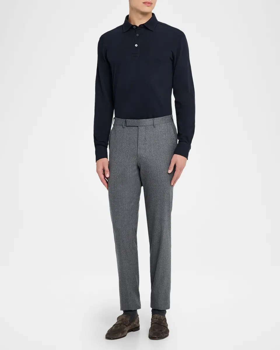 ZEGNA Men's Leather-Trim Cotton Long-Sleeve Polo Shirt | Thumbnail 2