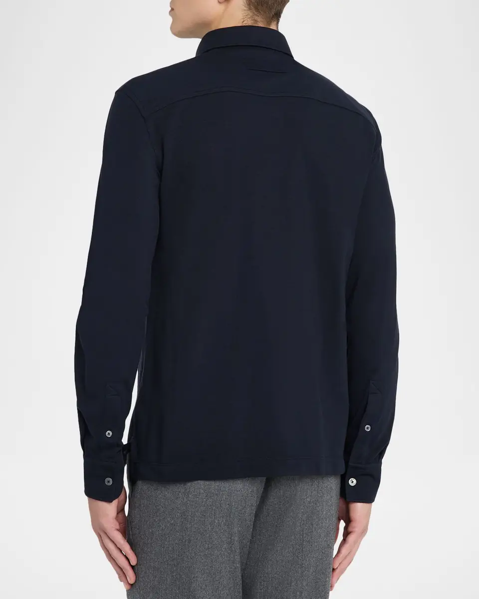 ZEGNA Men's Leather-Trim Cotton Long-Sleeve Polo Shirt | Thumbnail 3