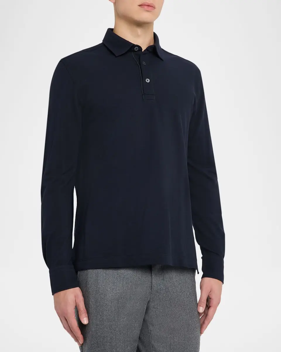 ZEGNA Men's Leather-Trim Cotton Long-Sleeve Polo Shirt | Thumbnail 4