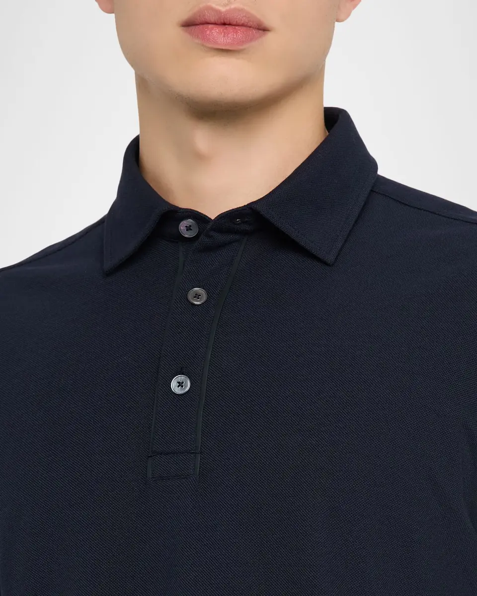 ZEGNA Men's Leather-Trim Cotton Long-Sleeve Polo Shirt | Thumbnail 5