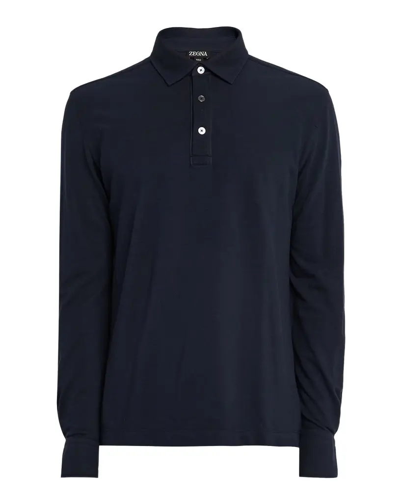 Men's Leather-Trim Cotton Long-Sleeve Polo Shirt