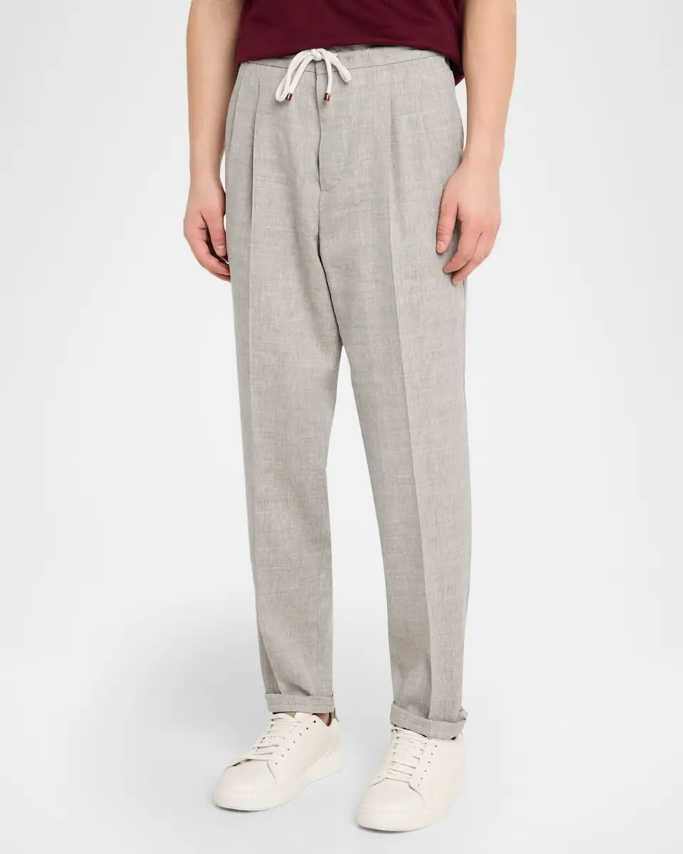 Brunello Cucinelli Men's Linen and Wool Pleated Drawstring Pants | Thumbnail 4 Brunello Cucinelli Men's Linen and Wool Pleated Drawstring Pants | Thumbnail 4