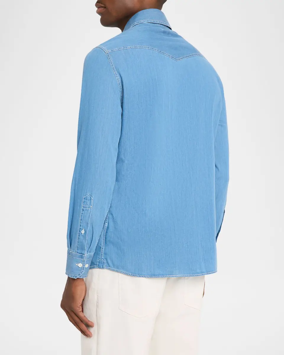 Brunello Cucinelli Men's Lightweight Denim Easy-Fit Western Shirt | Thumbnail 3 Brunello Cucinelli Men's Lightweight Denim Easy-Fit Western Shirt | Thumbnail 3