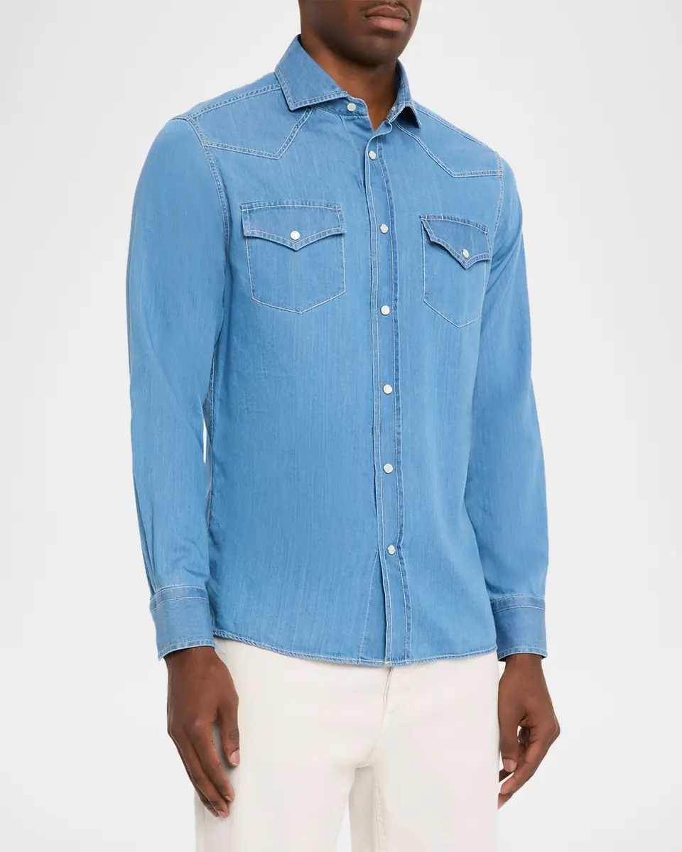 Brunello Cucinelli Men's Lightweight Denim Easy-Fit Western Shirt | Thumbnail 4 Brunello Cucinelli Men's Lightweight Denim Easy-Fit Western Shirt | Thumbnail 4