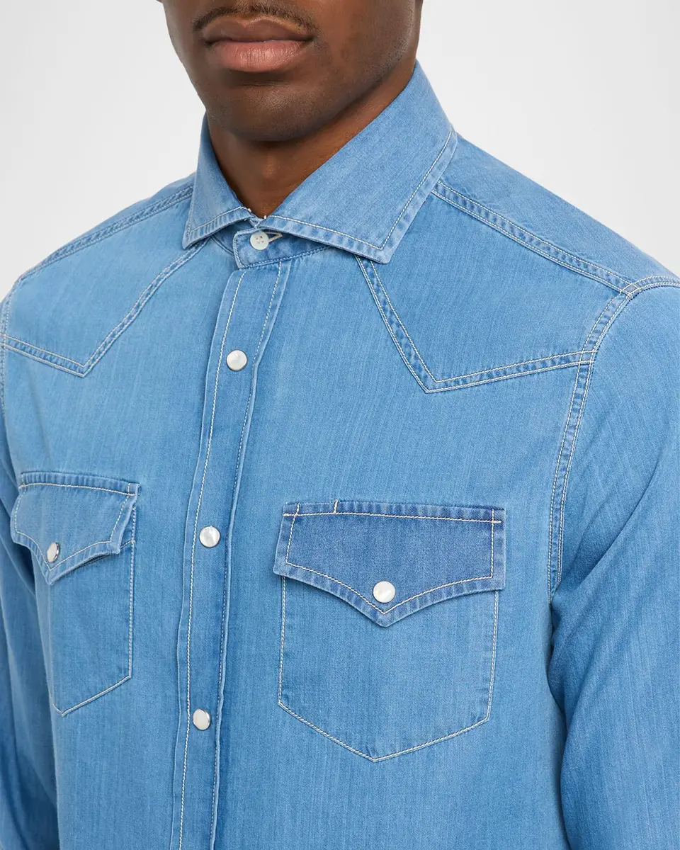 Brunello Cucinelli Men's Lightweight Denim Easy-Fit Western Shirt | Thumbnail 5 Brunello Cucinelli Men's Lightweight Denim Easy-Fit Western Shirt | Thumbnail 5