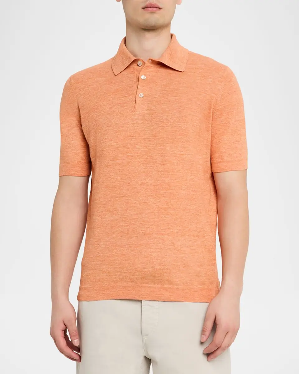 Brunello Cucinelli Men's Linen and Cotton Heathered Polo Shirt | Thumbnail 4 Brunello Cucinelli Men's Linen and Cotton Heathered Polo Shirt | Thumbnail 4