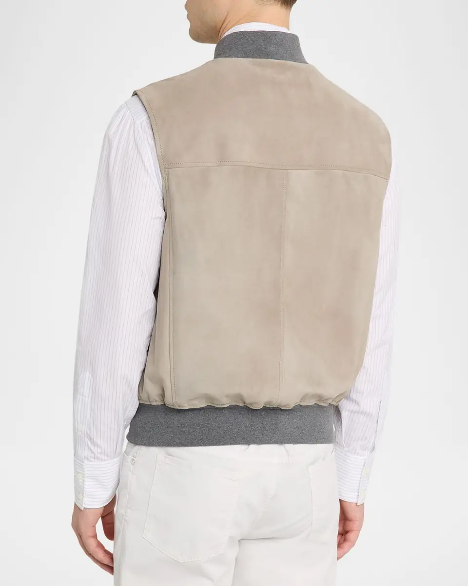 Brunello Cucinelli Men's Ribbed-Trim Leather Vest | Thumbnail 3 Brunello Cucinelli Men's Ribbed-Trim Leather Vest | Thumbnail 3