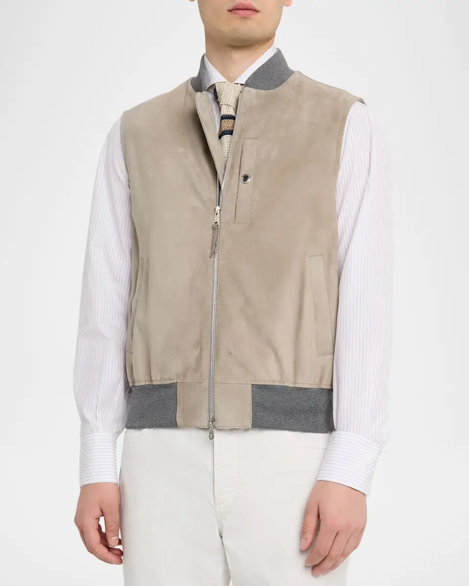 Brunello Cucinelli Men's Ribbed-Trim Leather Vest | Thumbnail 4 Brunello Cucinelli Men's Ribbed-Trim Leather Vest | Thumbnail 4