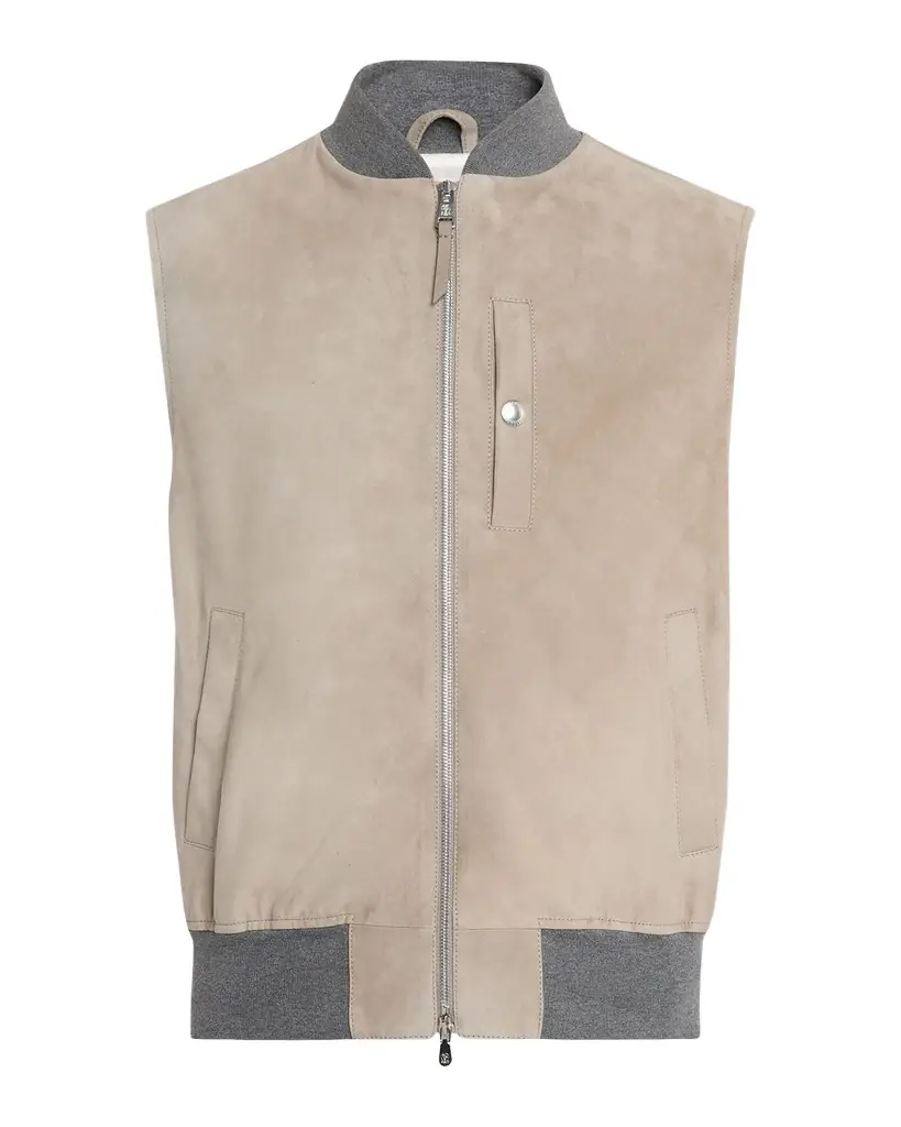 Brunello Cucinelli Men's Ribbed-Trim Leather Vest | Image 1 Brunello Cucinelli Men's Ribbed-Trim Leather Vest | Image 1