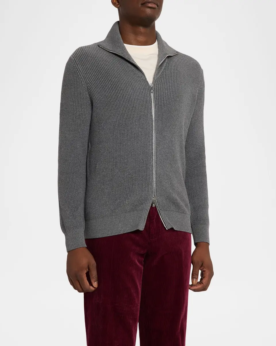 Brunello Cucinelli Men's Cotton Rib High-Neck Zip Cardigan | Thumbnail 4 Brunello Cucinelli Men's Cotton Rib High-Neck Zip Cardigan | Thumbnail 4