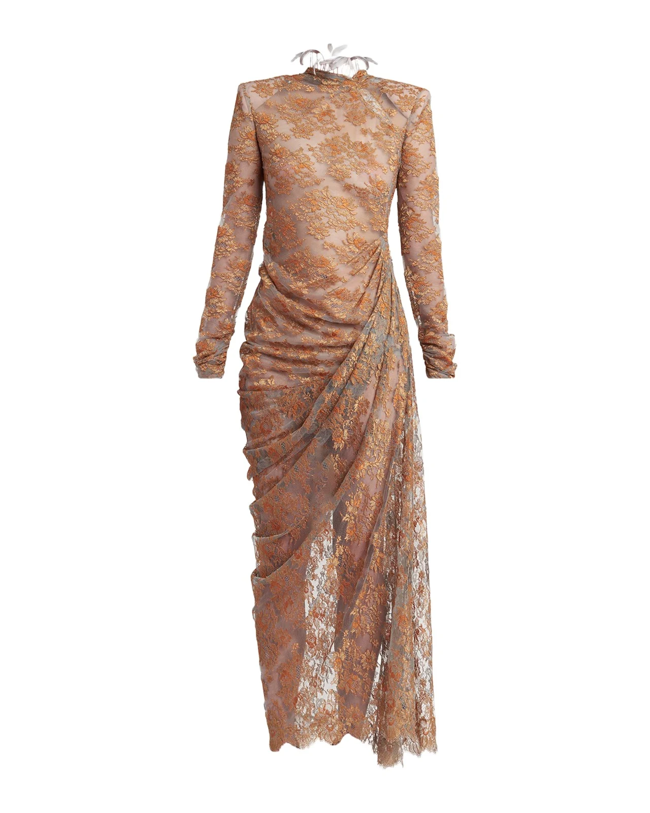 Feather-Trim Draped Lace Long-Sleeve Maxi Dress Feather-Trim Draped Lace Long-Sleeve Maxi Dress