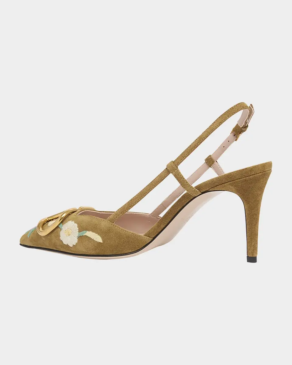 Valentino Garavani VLogo Signature Flower-Embroidered Suede Slingback Pumps | Thumbnail 2 Valentino Garavani VLogo Signature Flower-Embroidered Suede Slingback Pumps | Thumbnail 2