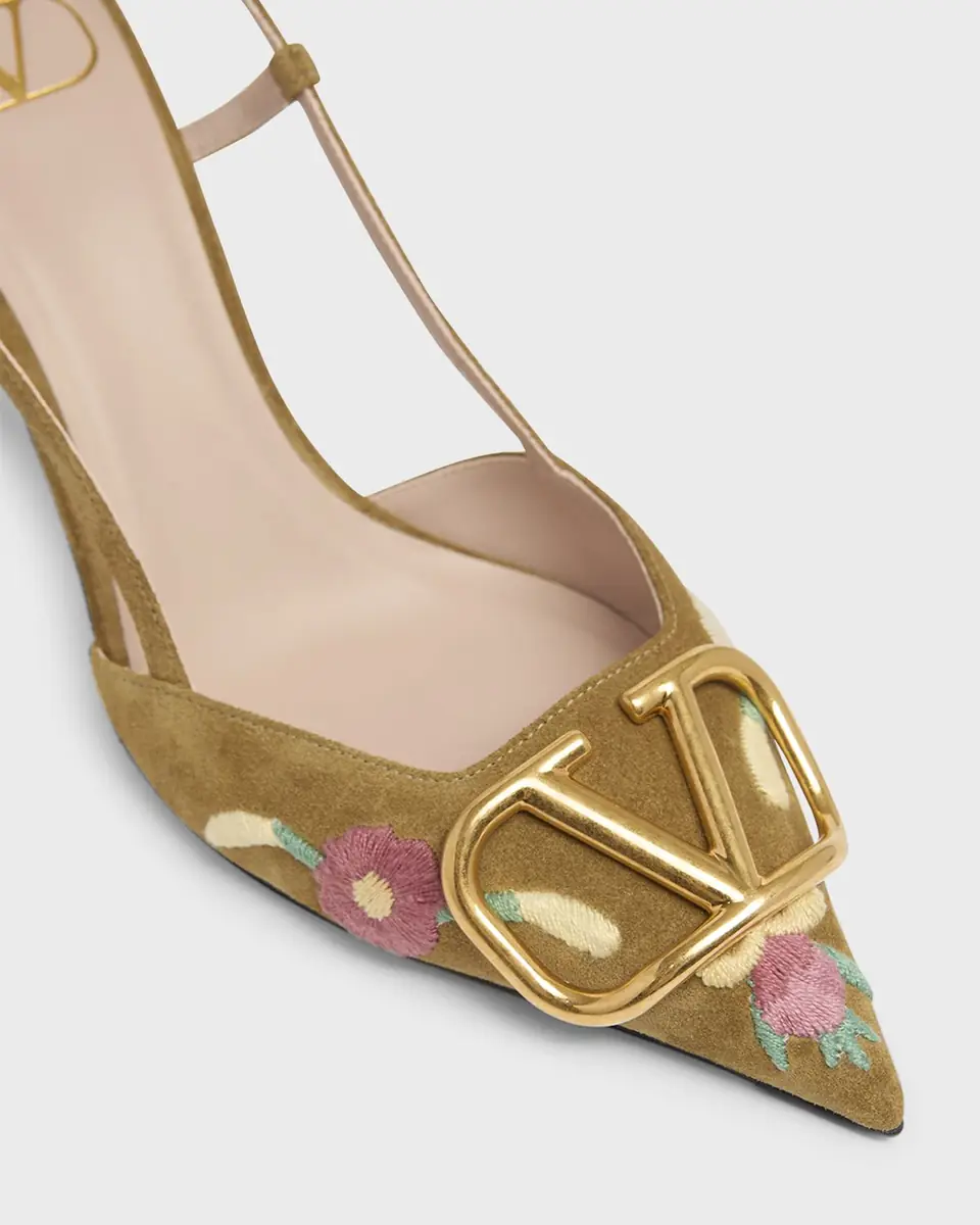 Valentino Garavani VLogo Signature Flower-Embroidered Suede Slingback Pumps | Thumbnail 3 Valentino Garavani VLogo Signature Flower-Embroidered Suede Slingback Pumps | Thumbnail 3