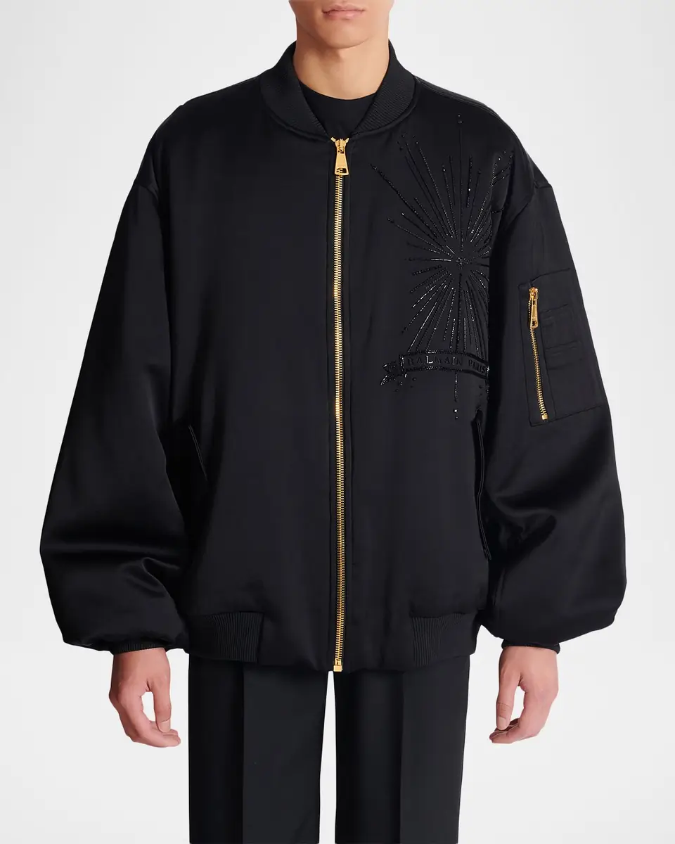 Balmain Men's Crystal-Embroidered Oversized Bomber Jacket | Thumbnail 4