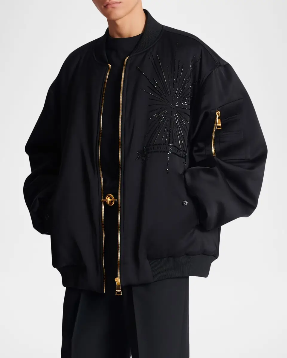 Balmain Men's Crystal-Embroidered Oversized Bomber Jacket | Thumbnail 7