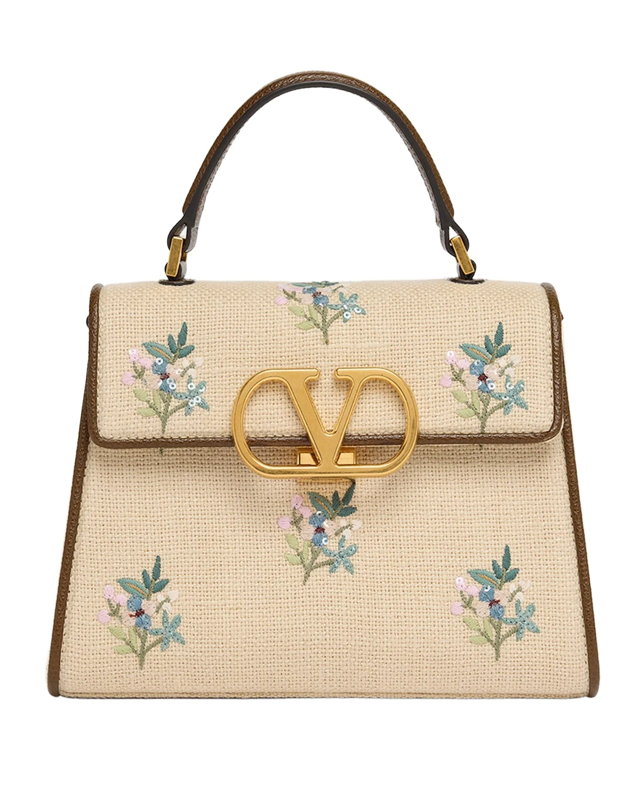Small Floral-Embroidered Woven Flax Top-Handle Bag Small Floral-Embroidered Woven Flax Top-Handle Bag