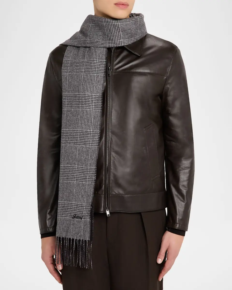 Brioni Men's Silk and Cashmere Double-Face Houndstooth Plaid Scarf | Thumbnail 3