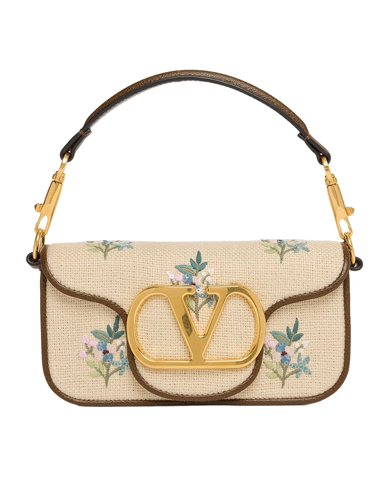 Small Floral-Embroidered Woven Flax Shoulder Bag Small Floral-Embroidered Woven Flax Shoulder Bag