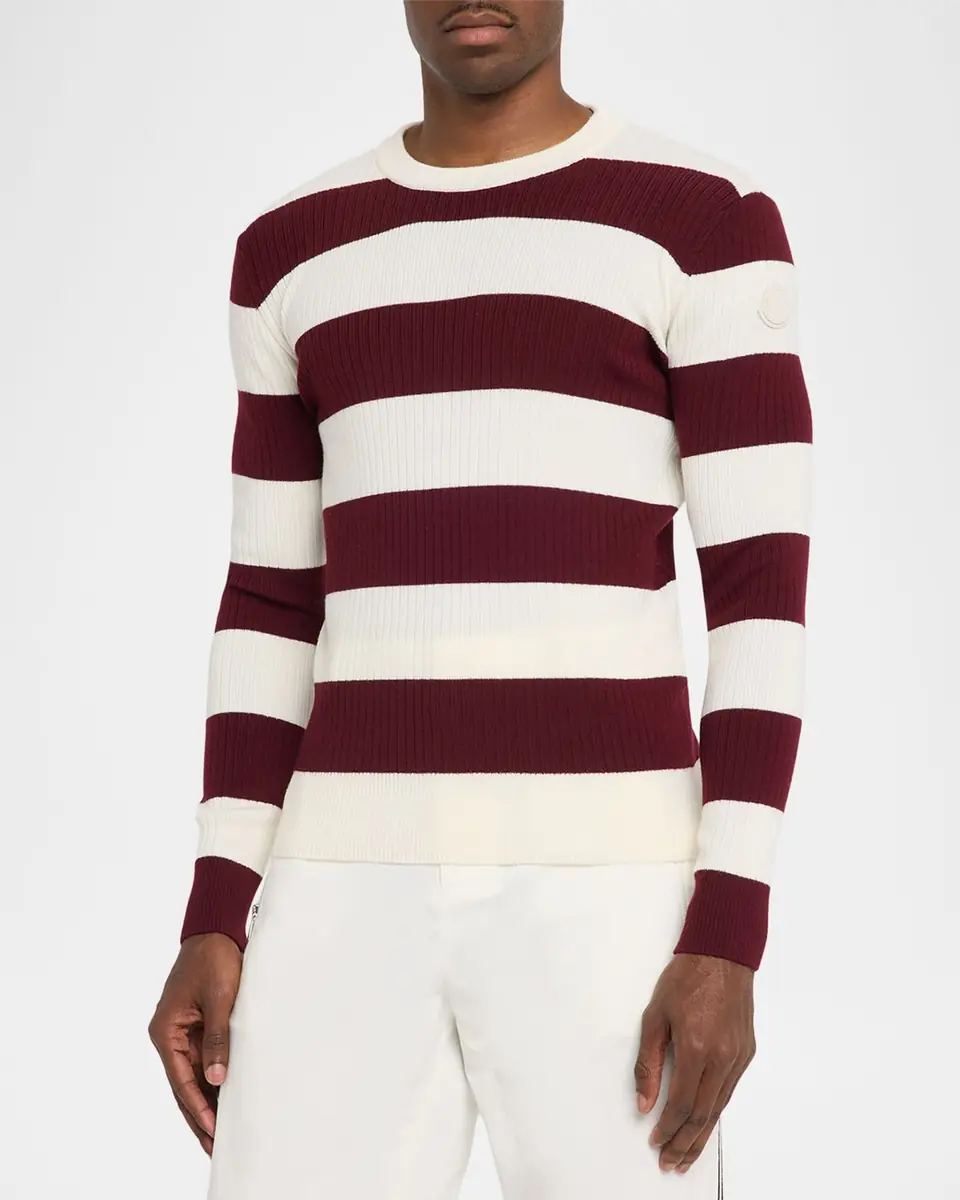 Moncler Men's Wide-Stripe Wool Ribbed Crewneck Sweater | Thumbnail 4 Moncler Men's Wide-Stripe Wool Ribbed Crewneck Sweater | Thumbnail 4