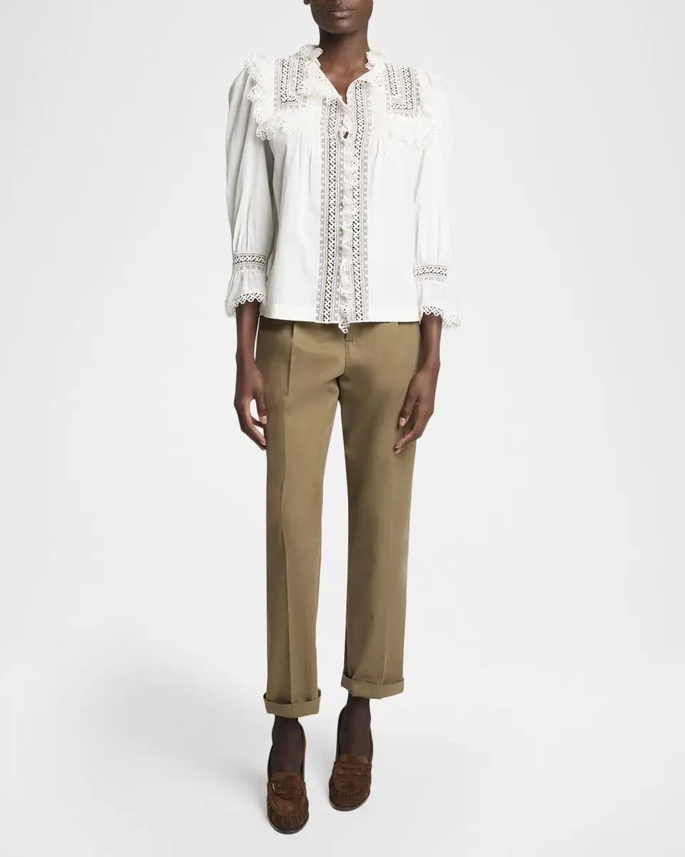 Saint Laurent Lace-Yoke Ruffle Poplin Blouse | Thumbnail 2 Saint Laurent Lace-Yoke Ruffle Poplin Blouse | Thumbnail 2