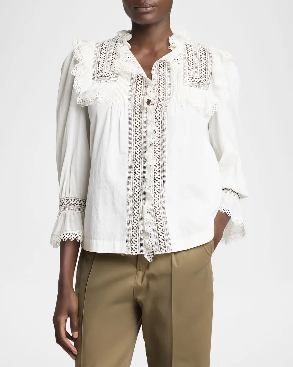 Saint Laurent Lace-Yoke Ruffle Poplin Blouse | Thumbnail 4 Saint Laurent Lace-Yoke Ruffle Poplin Blouse | Thumbnail 4