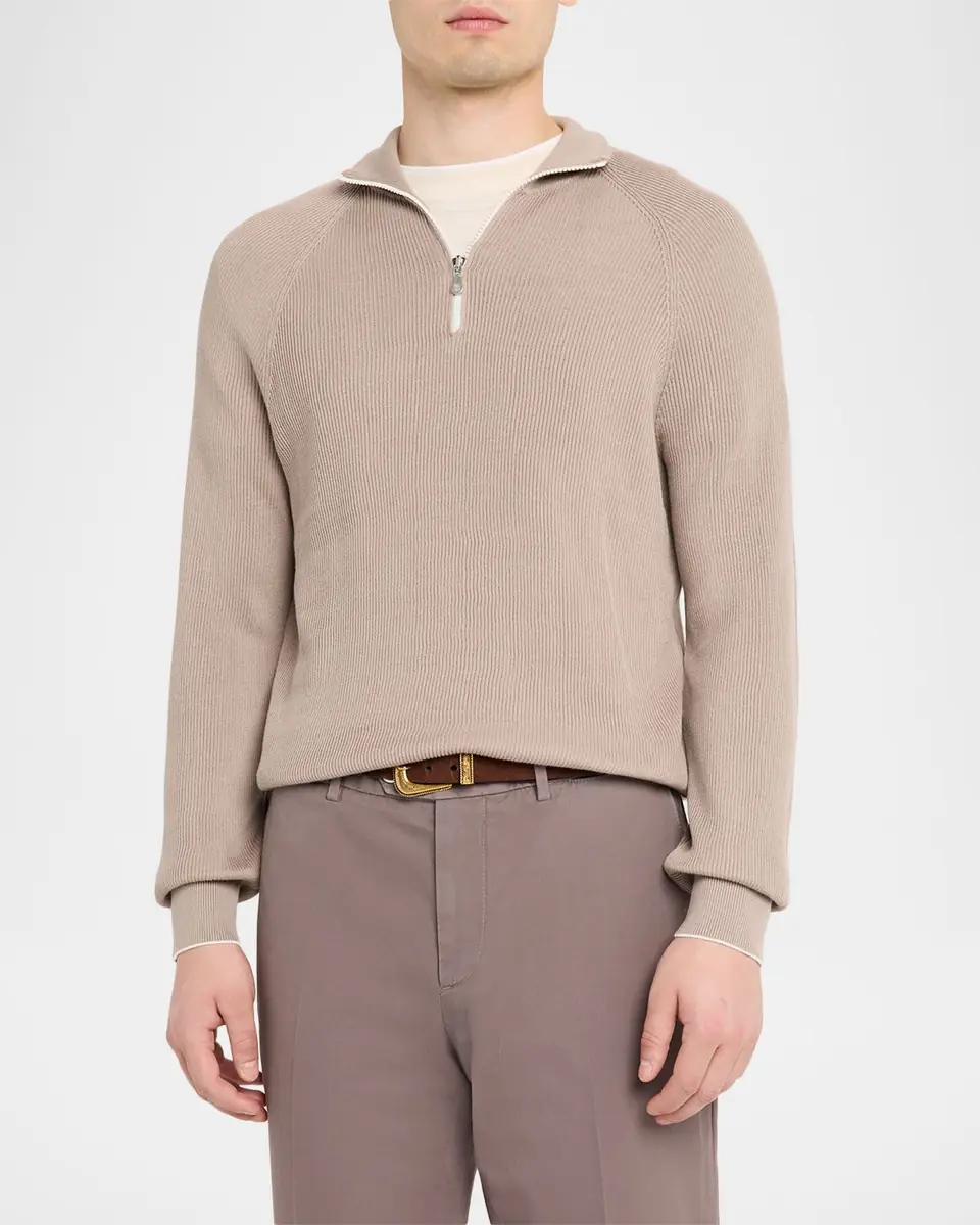 Brunello Cucinelli Men's Cotton English Rib Half-Zip Sweater | Thumbnail 4 Brunello Cucinelli Men's Cotton English Rib Half-Zip Sweater | Thumbnail 4