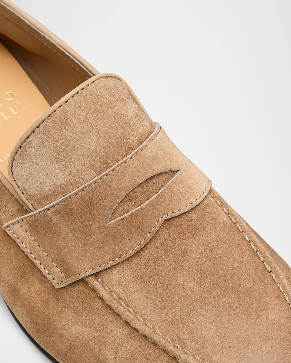Brunello Cucinelli Men's Leather Apron-Toe Penny Loafers | Thumbnail 3 Brunello Cucinelli Men's Leather Apron-Toe Penny Loafers | Thumbnail 3