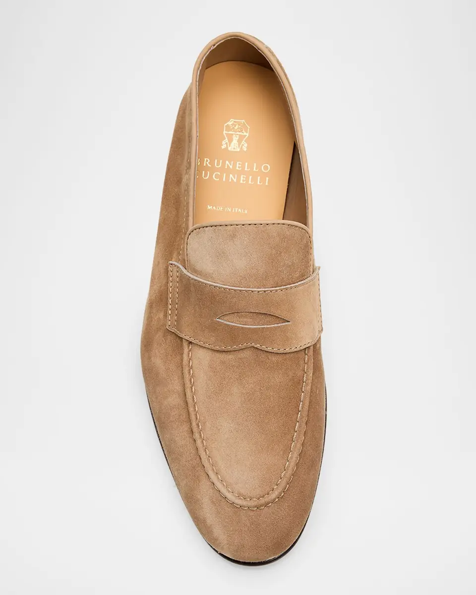 Brunello Cucinelli Men's Leather Apron-Toe Penny Loafers | Thumbnail 4 Brunello Cucinelli Men's Leather Apron-Toe Penny Loafers | Thumbnail 4