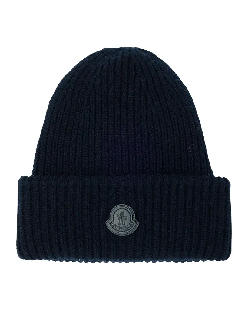 Moncler Men's Cashmere Rib Leather-Logo Beanie Hat | Image 1 Moncler Men's Cashmere Rib Leather-Logo Beanie Hat | Image 1