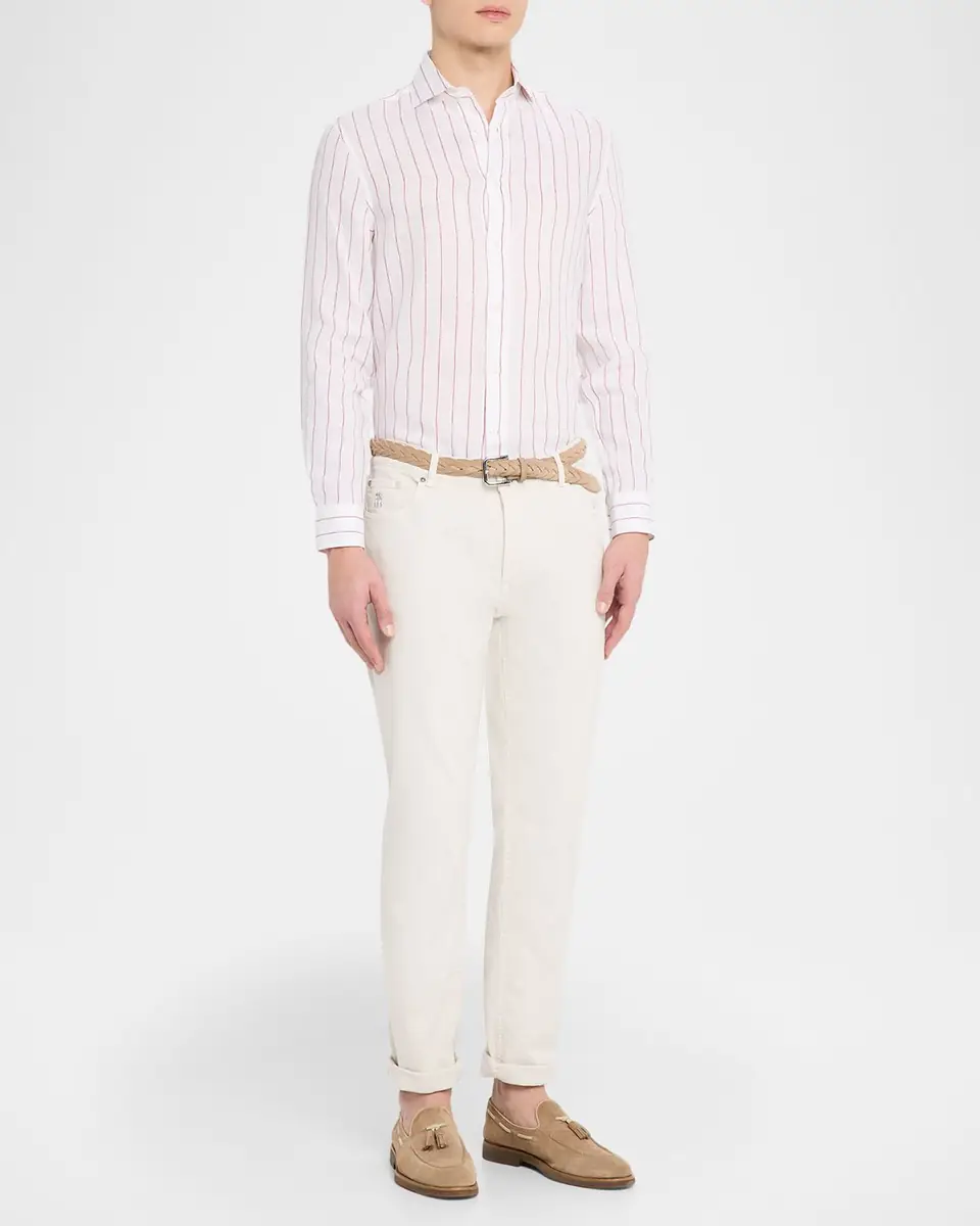 Brunello Cucinelli Men's Linen Pinstripe Spread Collar Button-Down Shirt | Thumbnail 2 Brunello Cucinelli Men's Linen Pinstripe Spread Collar Button-Down Shirt | Thumbnail 2