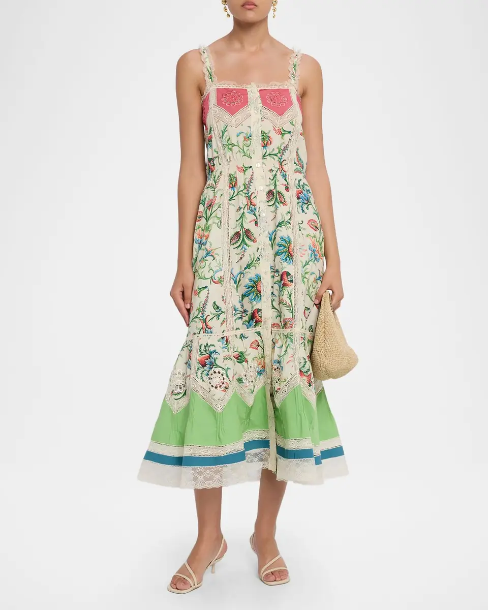 Etro Crochet-Inset Floral Cotton Button-Front Midi Dress | Thumbnail 2 Etro Crochet-Inset Floral Cotton Button-Front Midi Dress | Thumbnail 2