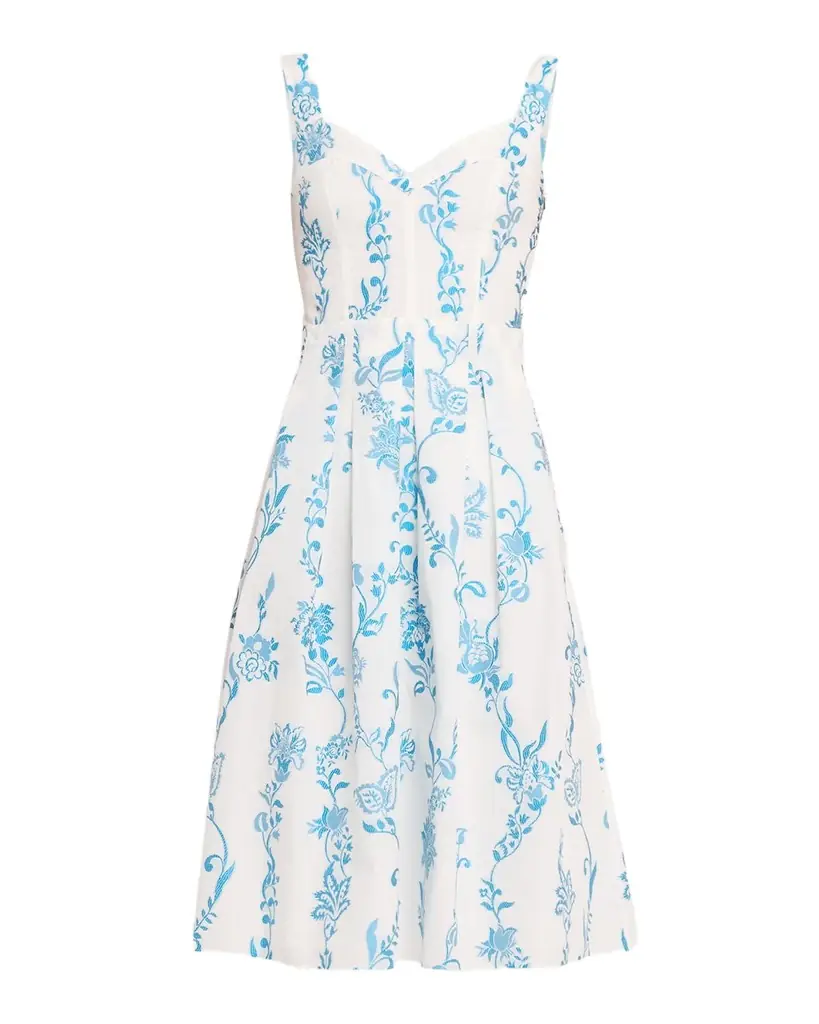 Floral Embroidered Cotton Sleeveless Pleated Midi Dress Floral Embroidered Cotton Sleeveless Pleated Midi Dress