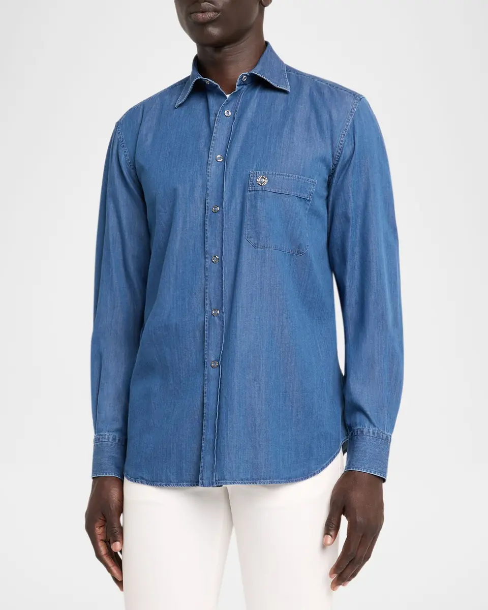 Stefano Ricci Men's Denim Snap-Front Button-Down Shirt | Thumbnail 4