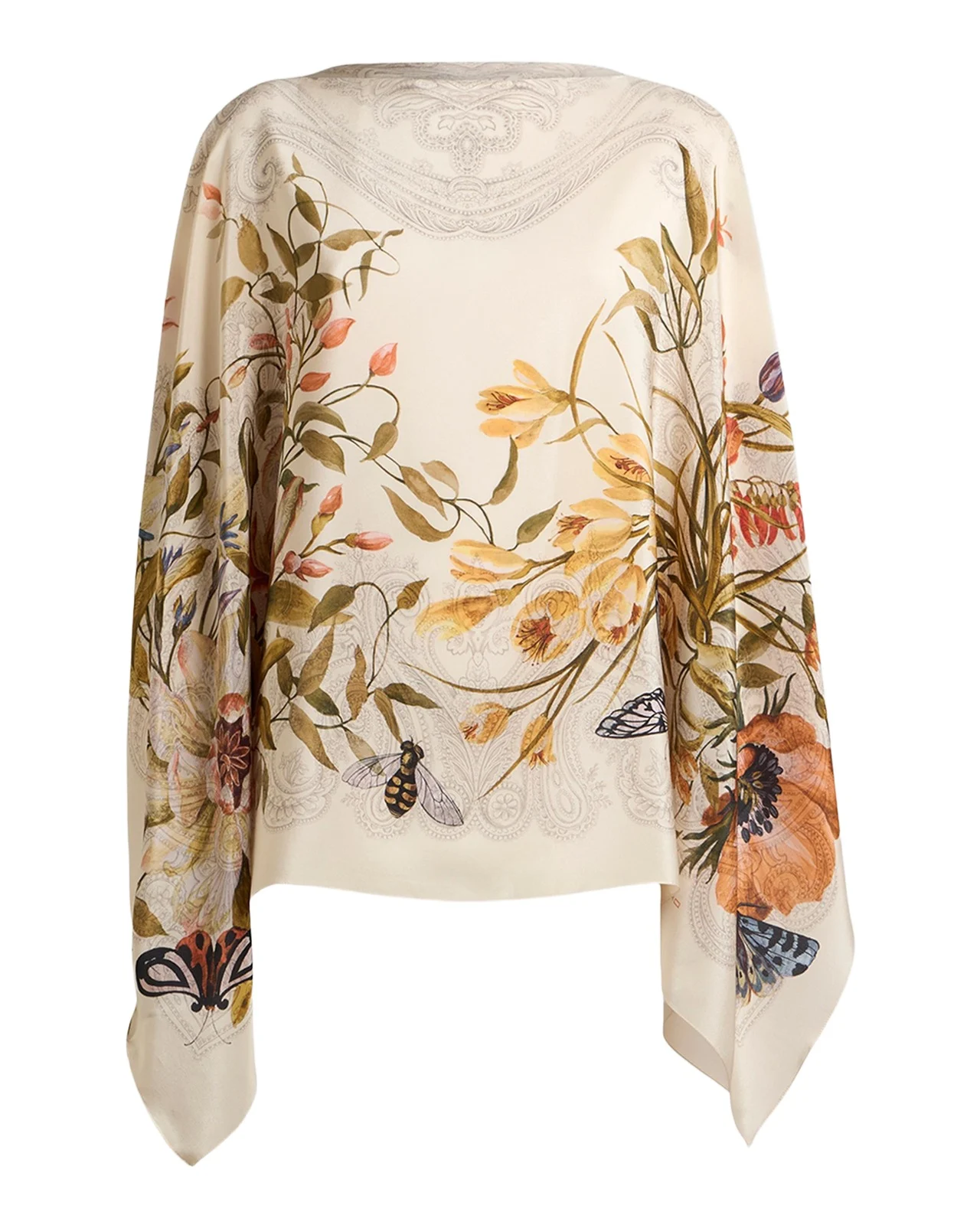 Floral-Print Silk Poncho Top Floral-Print Silk Poncho Top