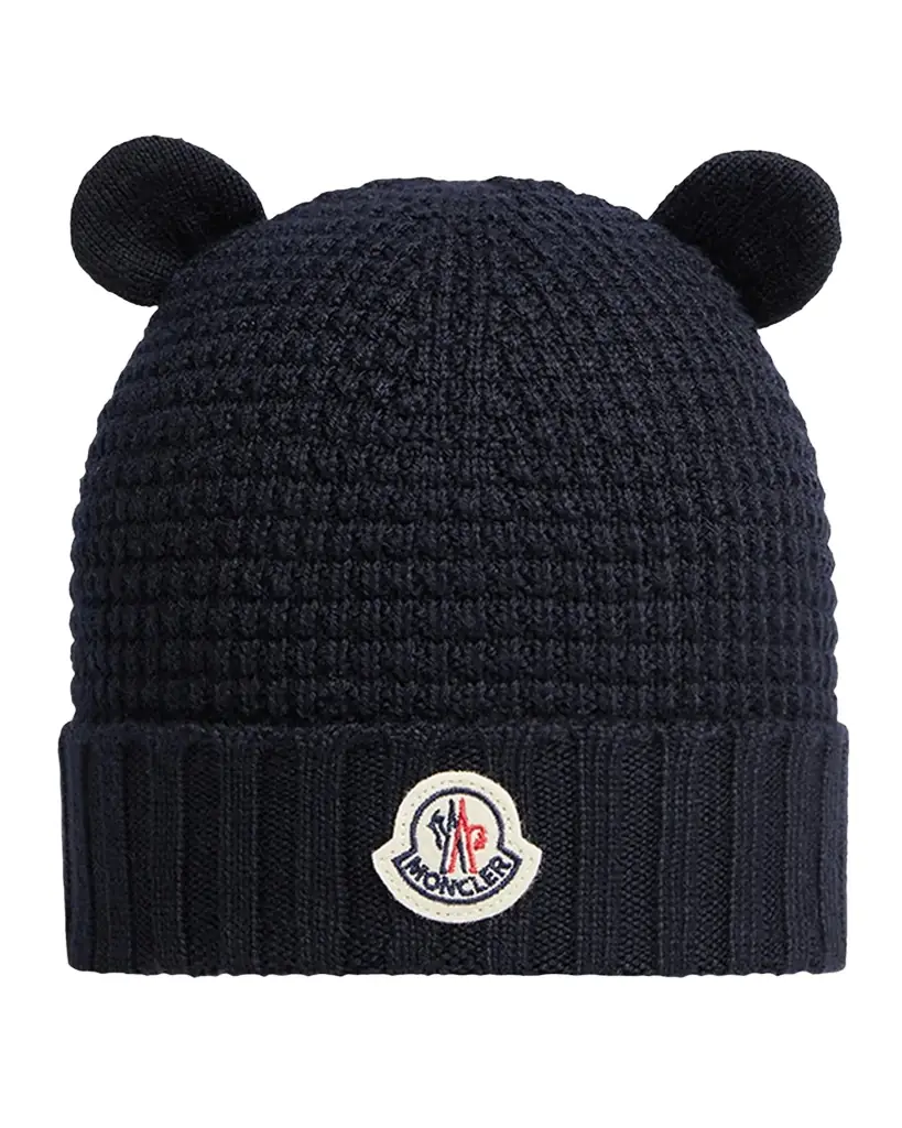 Moncler Kid's Teddy Bear Ears Wool Waffle Knit Beanie | Image 1 Moncler Kid's Teddy Bear Ears Wool Waffle Knit Beanie | Image 1