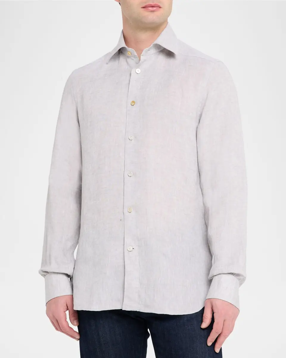 Kiton Men's Solid Linen Button-Down Shirt with Mother-Of-Pearl | Thumbnail 4 Kiton Men's Solid Linen Button-Down Shirt with Mother-Of-Pearl | Thumbnail 4