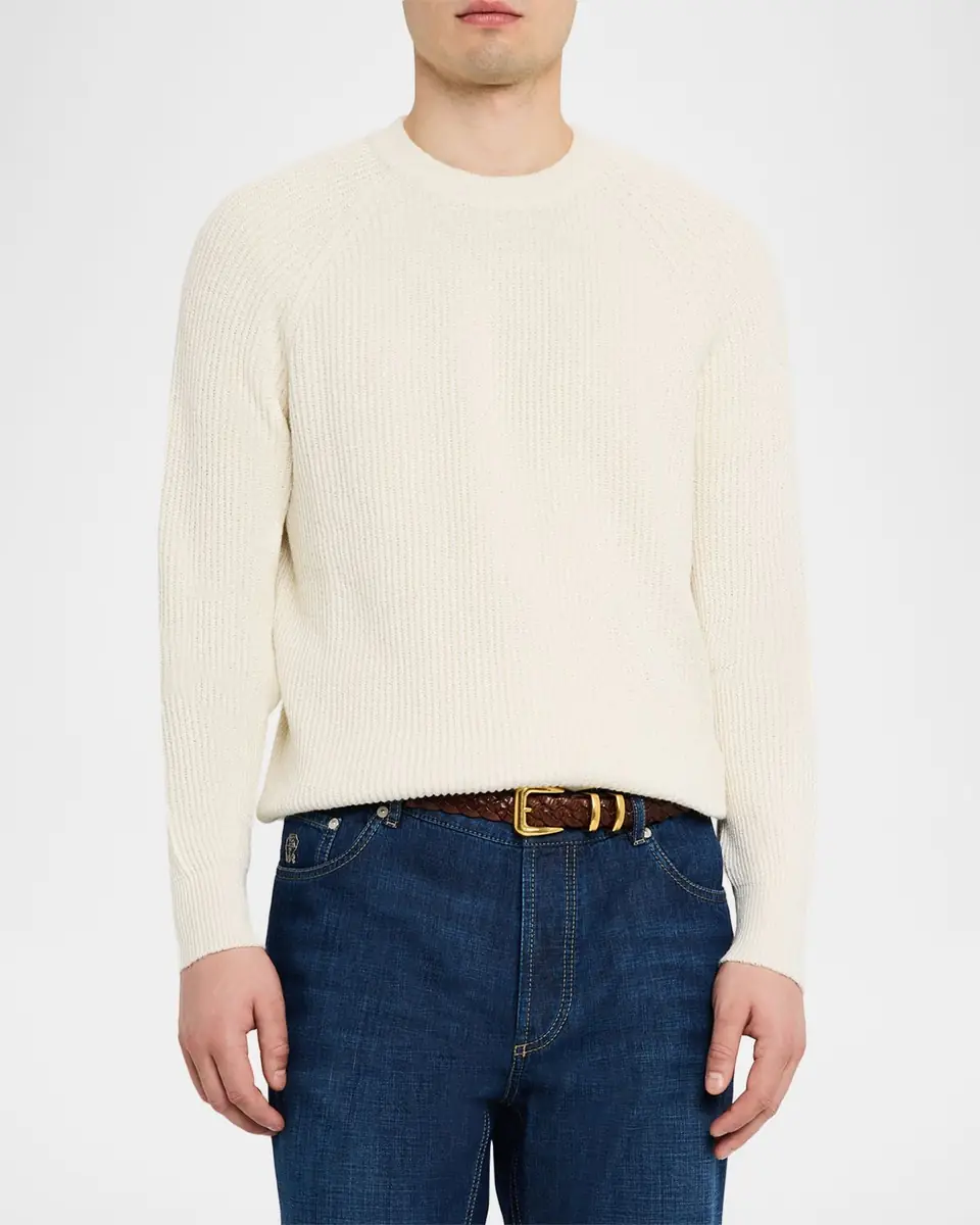 Brunello Cucinelli Men's Cotton Rib Crewneck Sweater | Thumbnail 4 Brunello Cucinelli Men's Cotton Rib Crewneck Sweater | Thumbnail 4