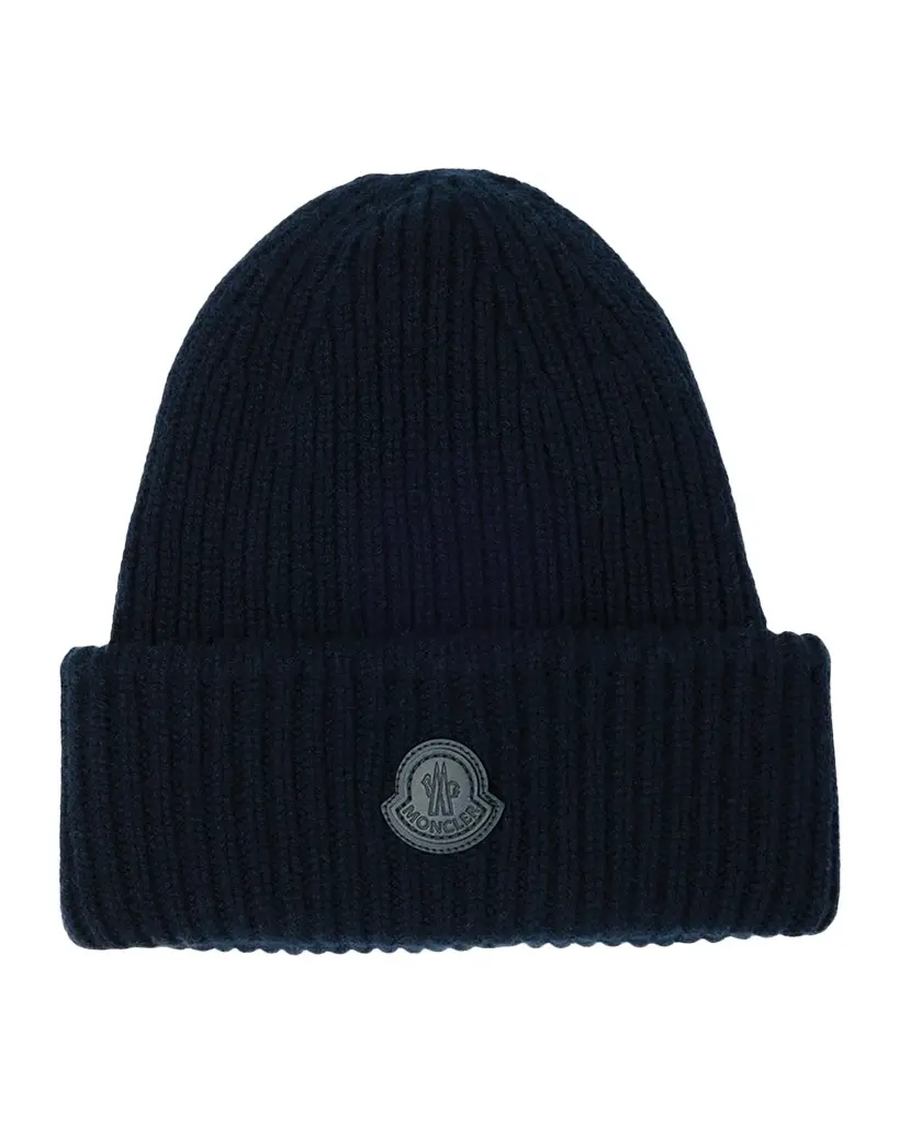 Moncler Men's Cashmere Rib Leather-Logo Beanie Hat | Image 1 Moncler Men's Cashmere Rib Leather-Logo Beanie Hat | Image 1
