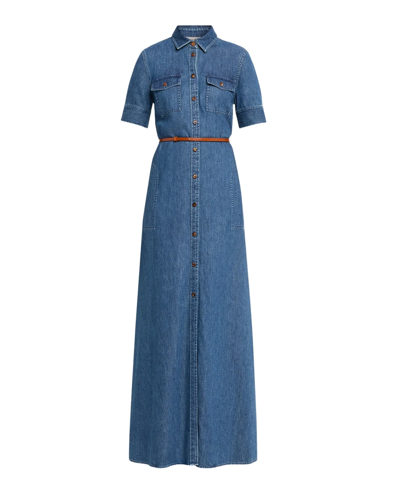 Belted Cotton Chambray Maxi Shirtdress
