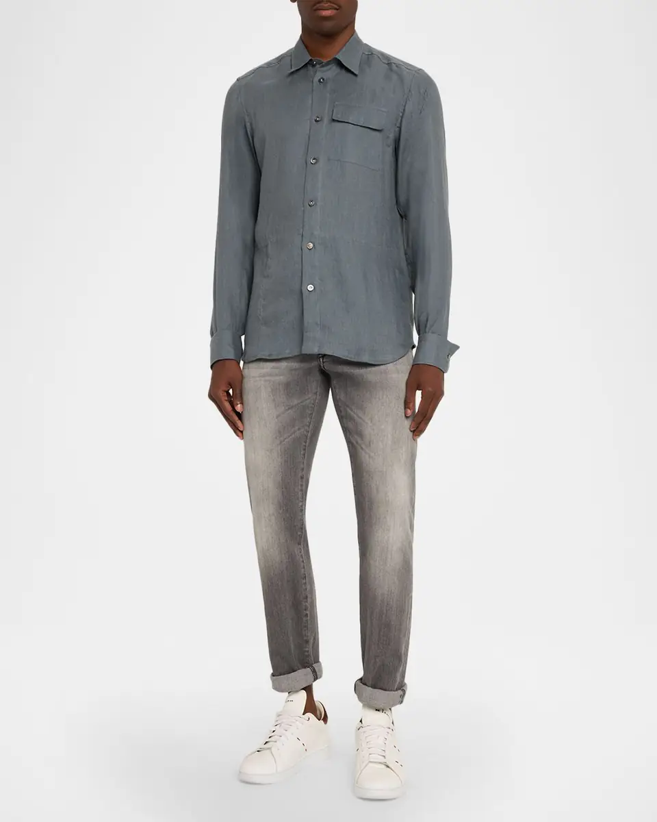 Kiton Men's Linen Flap-Pocket Casual Button-Down Shirt | Thumbnail 2 Kiton Men's Linen Flap-Pocket Casual Button-Down Shirt | Thumbnail 2