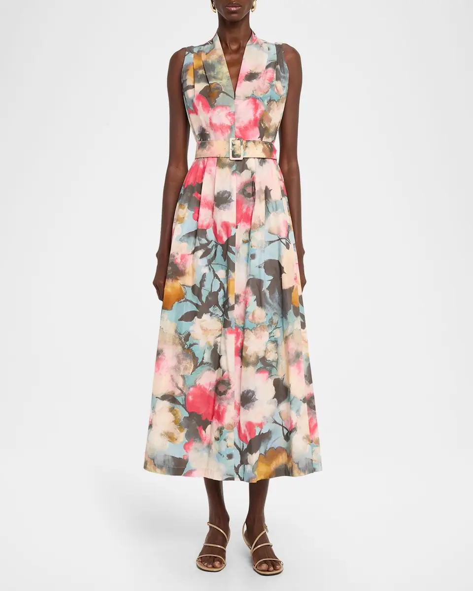 Lela Rose Floral-Print Cotton Sleeveless Midi Dress With Belt | Thumbnail 2 Lela Rose Floral-Print Cotton Sleeveless Midi Dress With Belt | Thumbnail 2