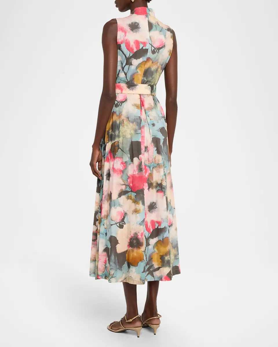 Lela Rose Floral-Print Cotton Sleeveless Midi Dress With Belt | Thumbnail 3 Lela Rose Floral-Print Cotton Sleeveless Midi Dress With Belt | Thumbnail 3