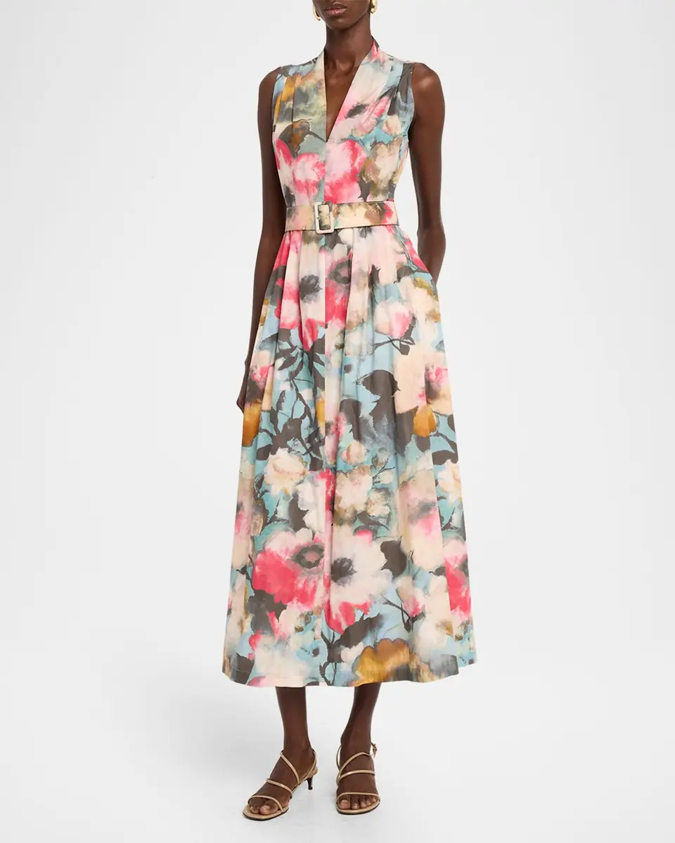 Lela Rose Floral-Print Cotton Sleeveless Midi Dress With Belt | Thumbnail 4 Lela Rose Floral-Print Cotton Sleeveless Midi Dress With Belt | Thumbnail 4