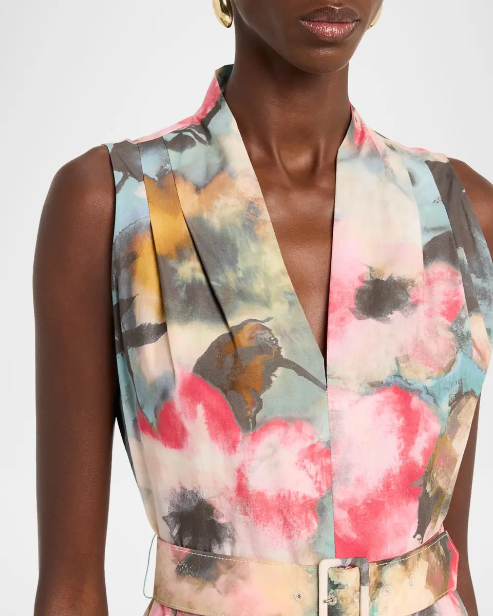 Lela Rose Floral-Print Cotton Sleeveless Midi Dress With Belt | Thumbnail 5 Lela Rose Floral-Print Cotton Sleeveless Midi Dress With Belt | Thumbnail 5