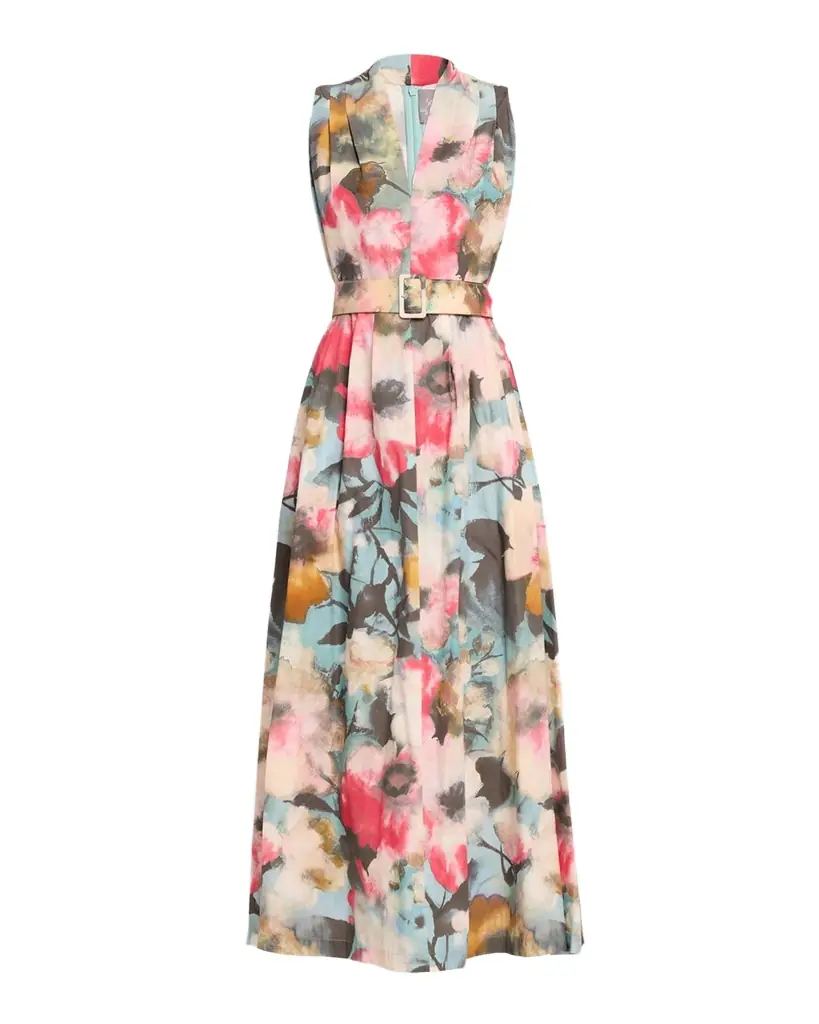 Floral-Print Cotton Sleeveless Midi Dress With Belt Floral-Print Cotton Sleeveless Midi Dress With Belt