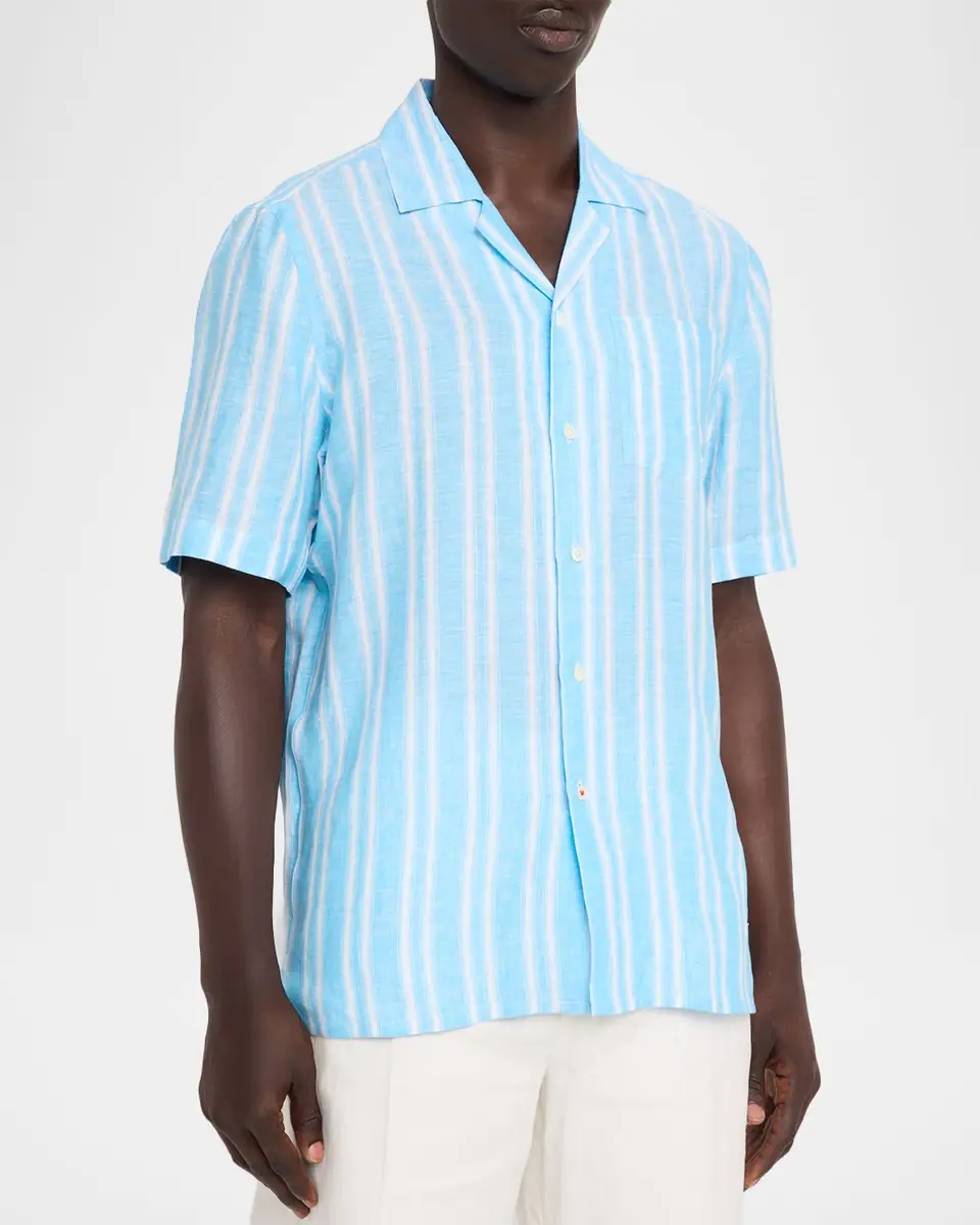 Isaia Men's Multi-Stripe Linen Camp Shirt | Thumbnail 4 Isaia Men's Multi-Stripe Linen Camp Shirt | Thumbnail 4