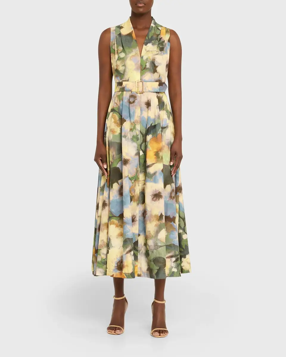 Lela Rose Floral-Print Cotton Sleeveless Midi Dress With Belt | Thumbnail 2 Lela Rose Floral-Print Cotton Sleeveless Midi Dress With Belt | Thumbnail 2